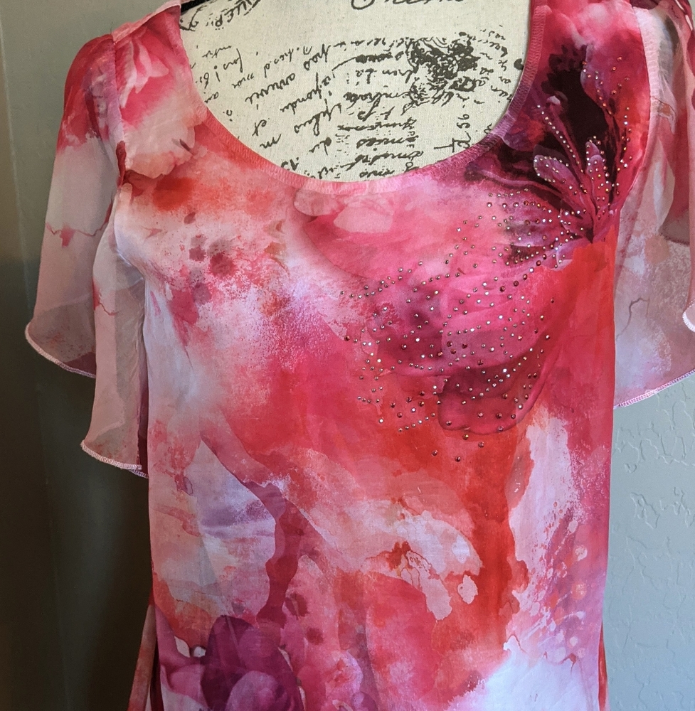 Floral Asymmetr Sheer Flow Blouse w/ Attached Solid Shirt Underneath by OneWorld - Picture 2 of 6